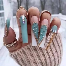 Magrace Blue Press on Nails Long Coffin Fake Nails with Rhinestone French False Nails Press on 24 pcs Stick on Nails for Women and Girls