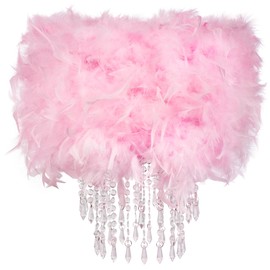 Waneway Feather Lampshade with Acrylic Droplets, Fluffy Lamp Shade for Ceiling Light, Pendant Light, Chandelier, Table Lamp or Floor Lamp, Bedroom Living Hallway Decoration, Pink