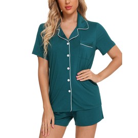 Anjue Womens Pajamas Set Lounge Sets for Women Comfy Cotton Short Sleeve Sleepwear Button Down Pjs Nightwear Set(A-Green,M)