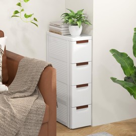 POWERSTONE 4-Drawer Plastic Rolling Storage Cabinet, Narrow Organizer Cart with 4 Wheels, Space-Saving Slim Mobile Utility Cart for Bedroom, Bathroom, Office & Classroom