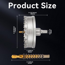 Henvo Hole Saw 4-5/16" (110mm) Heavy Duty Carbide with 2 Pilot Drill Bits - Metal Hole Cutter Cuts Stainless Steel, Iron, Copper, Brass, Plastic