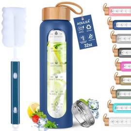 Aqulea 32 Oz Borosilicate Glass Water Bottle with Times to Drink | BPA Free - Reusable Wide Mouth Glass Motivational Water Bottles with Infuser & Silicone Sleeve – 32 oz Water Bottle with Time Marker