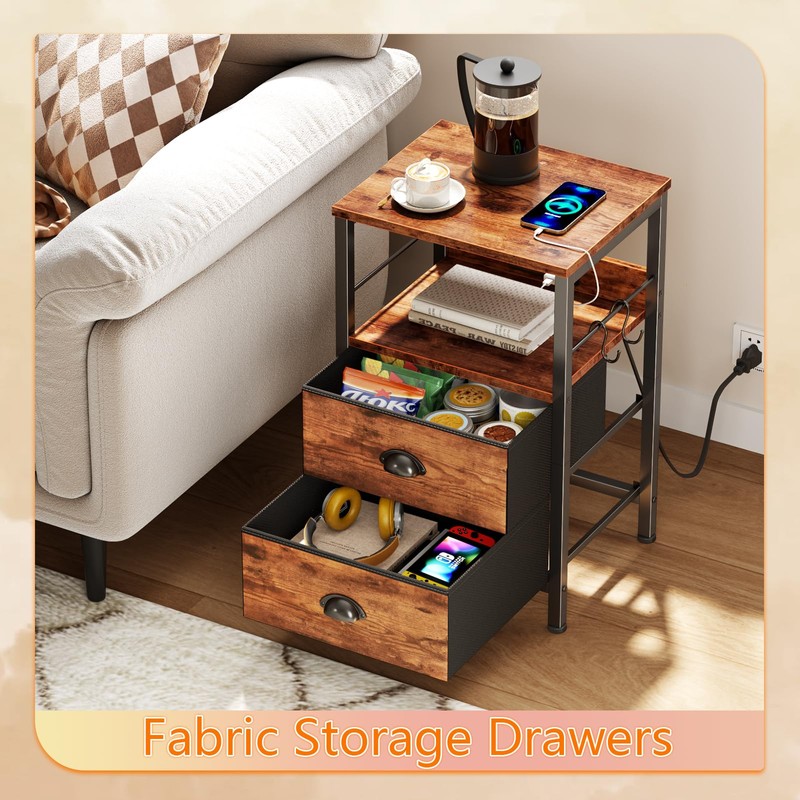 Furologee End Table with Charging Station, Nightstand with Fabric Drawers,