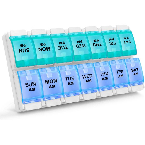 Sukuos Weekly 7 Day Pill Organizer, 2 Times A Day Pill Box Pill Cases (AM PM), BPA Free Medicine Organizer for Pills/Vitamin/Fish Oil/Supplements, Arthritis Friendly Push Button, Easy to Clean