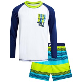 Quad Seven Boys Rash Guard Swimsuit Set - Kids Long Sleeve Bathing Suit Swimwear Sets (Sizes: 5-12), Size 8, Navy White Surf