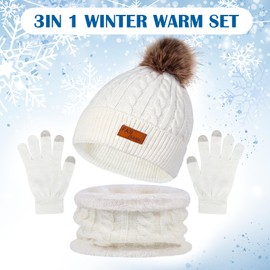 NHTJTHE Hat Scarf Gloves Women's Set, Winter Warm Beanie Hat Touchscreen Gloves and Scarf Set, Winter Hat Winter Scarf Winter Gloves (White), White