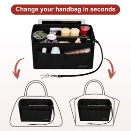 Ropch Handbag Organiser Insert, Tote Bag Organiser Insert Felt Bag Organizer Storage with Bottle Holder Perfect for Speedy Neverfull Tote,Black - M