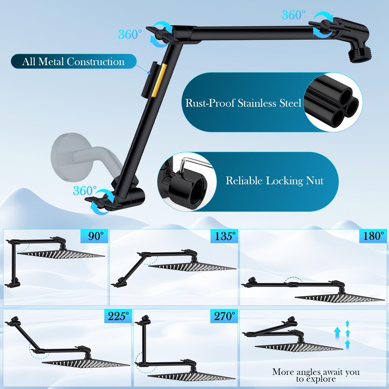Rain Shower Head Extension Arm, 16 Inch Joint Metal Shower