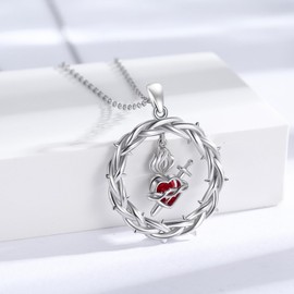YueYuan Sacred Heart of Jesus Necklace 925 Sterling Silver Crown of Thorns Pendant with Red Crystal Religious Jewelry Gift for Women Birthday Valentine's Day, 24 mm, Sterling Silver, No Gemstone