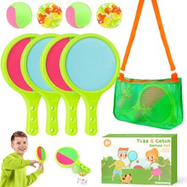Toss Catch Ball Toys Set: Toddler Outdoor Games for Kids with 4 Paddles 4 Balls - Family Outside Toys with Mesh Beach Toy Bag - Backyard Games Activities for Ages 3-12 Green