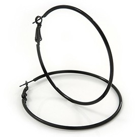 60mm D/Large Size/Slim Black Enamel Hoop Earrings