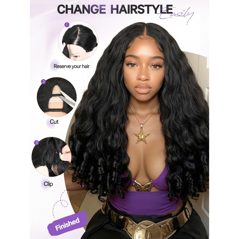 Yaki Curly V Part Wigs Black Loose Wave Wig with