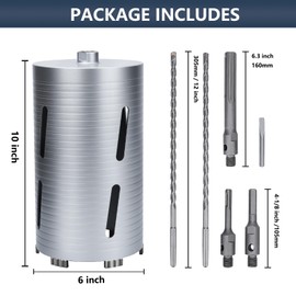 6 inch Diamond Dry Core Drill Bit, 10" Drilling Depth, 5/8"-11 Thread for Concrete Granite Masonry Brick Block, Includes 3 Adapters SDS Plus, SDS Max and Hex (6 inch)