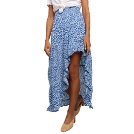 BTFBM Women 2025 Summer Spring Boho Long Skirts Dress Floral Print Elastic Waist Split Ruffle High Low Beach Maxi Skirt(Blue, X-Large)