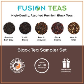Black Tea Sampler Set, Assortment of Premium Black Teas, 5 Different Tea Sample Pouches, Makes 8-10 Cups of Tea Each, Earl Grey, Vanilla, Peach Vineyard, Black Cherry, Masala Chai by Fusion Teas