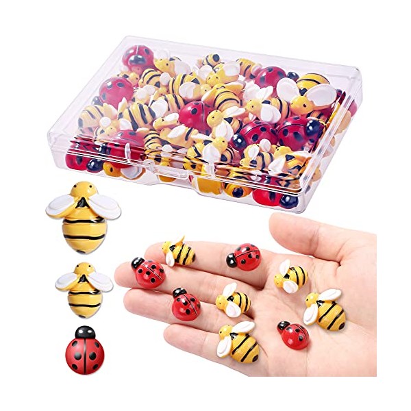 MIKIMIQI 60 Pcs Tiny Resin Bees Ladybugs Decor, Including 30 Pcs Bumble Bee Embellishment 30 Pcs Resin Ladybug Craft Decorations with Storage Box for DIY Craft Wreath Party Decor, 0.98 Inch, 0.74 Inch