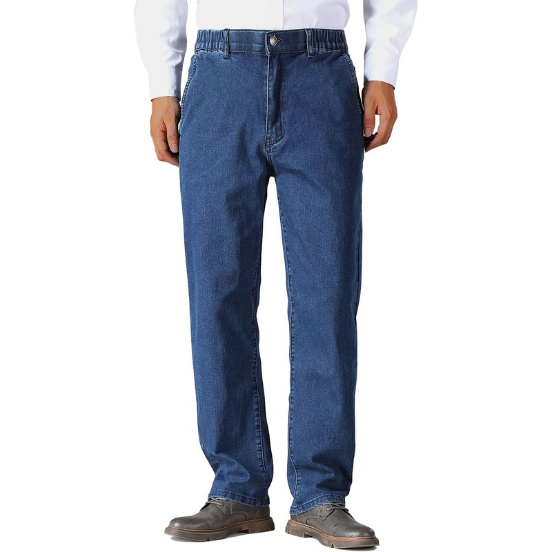 Soojun Mens Elastic Waist Jeans Relaxed Fit with Zipper and