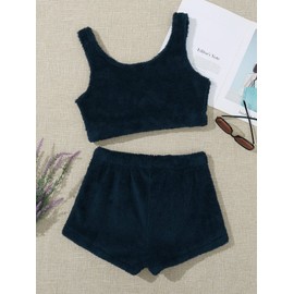 SweatyRocks Women's Fuzzy Pajamas Set Crop Tank Top with Shorts Loungewear Solid Dark Green S