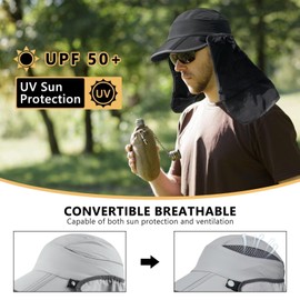GADIEMKENSD Fishing Hat for Womens Men Foldable Sun Beach Hat with UPF Wide Brim Ponytail-Hole Removable Neck Flap Lightweight Fast Dry for Fishing Hiking Camping Outdoor Light Gray