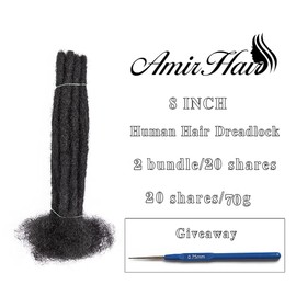 Amir Hair 8 Inch 0.8cm Thickness Dreadlock Extensions 20 Strands 100% Real Human Hair loc Extensions for Man and Women Full Handmade Human Hair Dreadlock Extensions(8 Inch 20 Strands,1B#)