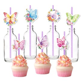 Konsait 24 Pack Paper Butterfly Straws, Butterfly Floral Decor Disposable Party Straws, Butterfly Party Favors Striped Drinking Straws, Butterfly Party Supplies