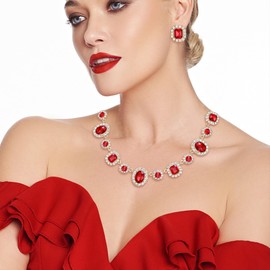Flyonce Vintage Statement Jewelry Set for Women Costume, Rhinestone Crystal Red Rhinestone Choker Necklace Stud Earrings Sets for Wedding Party Prom Daily