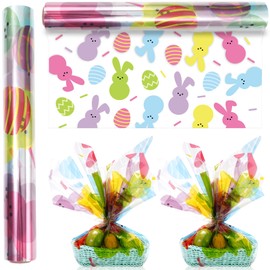 JarThenaAMCS Easter Cellophane Wrap Roll 100ft x 32 In 2.5Mil Colorful Eggs Bunny Cellophane Paper Crystal Clear Rabbit Cello Wrapping Paper for Spring Holiday Treats Gifts Basket Party Favor