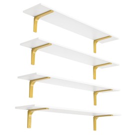 DINZI LVJ Long Wall Shelves, 47.3" Wall Mounted Shelves Set of 4, Large Floating Shelves for Wall with Metal Brackets, for Living Room, Bathroom, Bedroom, Kitchen, White and Gold