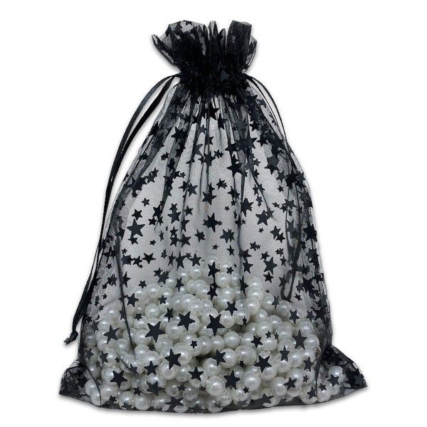 100-Pack 6x8 in Sheer Organza Gift Bags with Drawstring (Large) - Metallic Stars (Black/Black) - for Wedding Party Favors, Jewelry, Candy, Treats Mesh Pouch by The Display Guys