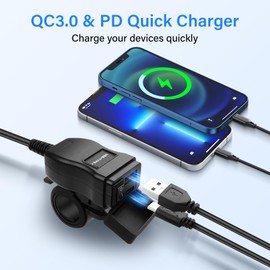 PNGKNYOCN Motorcycle USB Charger, 30 W USB Type C PD & USB 3.0 Quick Charge Motorcycle Waterproof Charger Connection to U-shaped Connector for Phone, Tablet, GPS (1.2 m)
