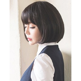 (FUPUONE) Short Wig, Bob, Short, Neat Style, With Net, Smooth, Straight (Black)