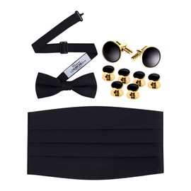 S.H. Churchill & Co. Black Bowtie, Cummerbund, Cufflinks & Studs Set – Classic Formal Accessories with Gold Trim for Weddings, Proms, and Black-Tie Events
