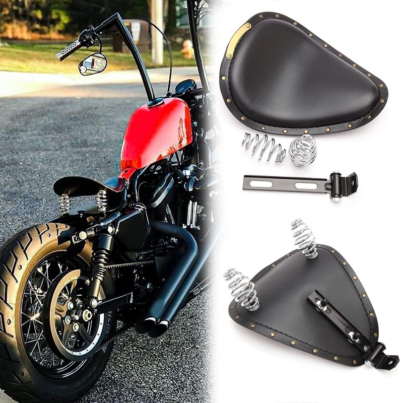 Black Motorcycle Rivet Solo Seat Spring Bobber With Base Plate