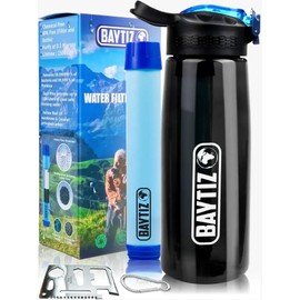 BAYTIZ - Water Bottle + Straw Filter + Carabiner - Outdoor Water Filter with Activated Carbon - Sports Survival Camping Hiking Survival Water Flash Straw Water Purifier Life Filter System Straw