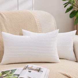 Yosodeko Set of 1 White Lumbar Decorative Throw Pillow Cover 14x24 Inch for Sofa Living Room Couch Bed, Modern Farmhouse Home Decor, Soft Striped Corduroy Rectangle Cushion Case 35x60 cm