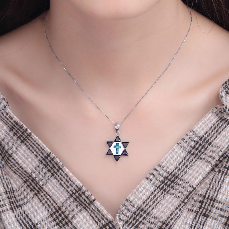 Blue Opal David Star and Cross Crucifix Necklace, Crystals Fire