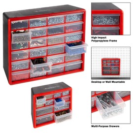 Set of Two Storage Bins with Drawers – Pair of 12 and 24 Drawer Desktop or Wall Mount Plastic Tool Organizers for Hardware or Crafts by Stalwart (Red)