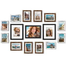 Vittanly 15 Pack Picture Frames Collage Wall Decor for Mounting or Tabletop, Gallery Frame Set for Family, Multi Sizes Including 3pcs 8x10, 6pcs 5x7, 6pcs 4x6, Black, Brown and Distressed White
