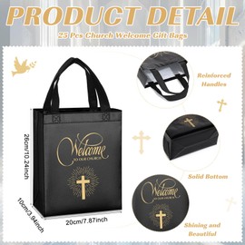 Locmeo 25 Pcs Christian Gift Welcome to Our Church Bag Religious Gift Reusable Shiny Welcome Bags for Church Visitors(Black)