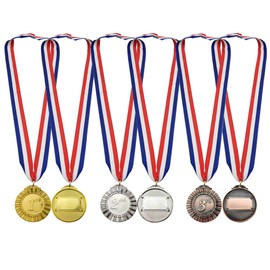 MOMOONNON 12 Pieces Metal Winner Gold Silver Bronze Award Medals Red White Blue Neck Ribbon, Olympic Style, 2 Inch