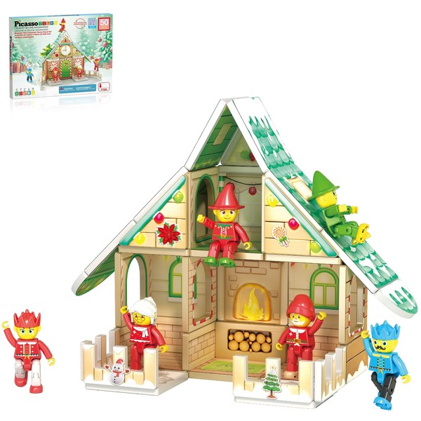 PicassoTiles Magnetic Tiles Christmas Cottage Holiday with 6 Character Action