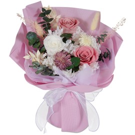 Loveliome Preserved Real Roses Bouquet - Mixed Color Eternal Roses with Dried Flowers, Vibrant Dopamine Color Palette, Long-Lasting Small Floral Arrangement for Home Decor, Mother‘s Day,Pink w White
