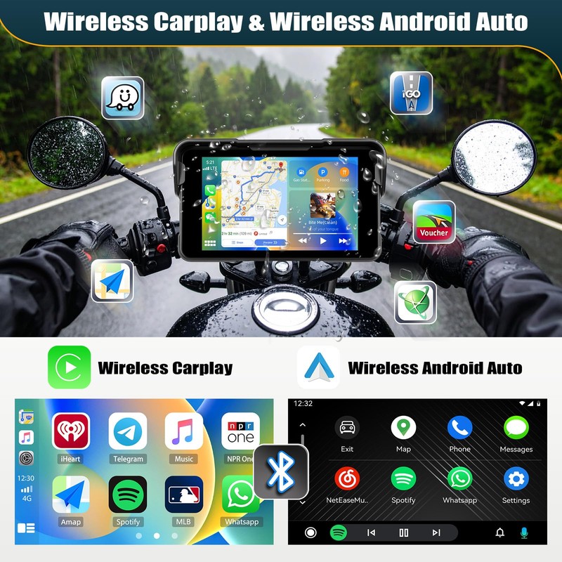 CAMECHO Motorcycle Carplay Navigation Screen with Wireless Carplay Android Car