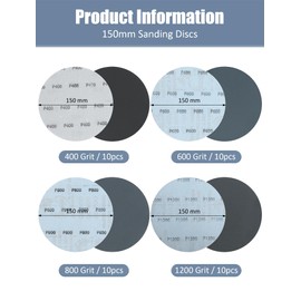 150 mm Sanding Discs for Polishing (Grit 400/600/800/1200), Sandpaper 150 mm Velcro for Random Orbital Sanders (Pack of 40)
