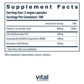 Vital Nutrients Aller-C | Vegan Respiratory and Sinus Function Support*| Isoquercitrin, Bromelain, Bioflavonoids, & Vitamin C | Gluten, Dairy, Soy Free Supplement | 200 Capsules