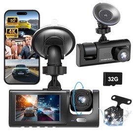 Fhrhig Dashcam para Auto WiFi, 3 Canales Camara para Carro IP67 con Asistente Reversa, Vigilancia Estacionamiento 24H, Grabación Bucle, Sensor G, SD 32GB, 2" Cámara Automóvil con Visión Nocturna IR