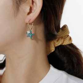 Winssigma Shell Hoop Earrings, Asymmetric Shell and Starfish Earrings Seashore Hoop Earrings Beach Jewelry(Dark Blue)