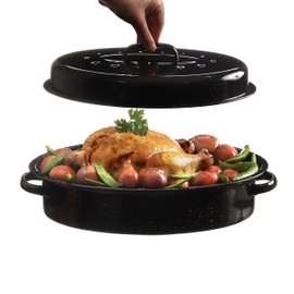 GOURMEX Medium 12lb Black Oval Ceramic Enamel Coated Roasting Pan | Dutch Oven Pot with Lid | Dishwasher Safe, Oven Safe, Freezer Safe | Ideal for Chicken, Turkey Roasting Pan (Medium)