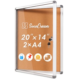 SWANCROWN Enclosed Bulletin Board,Lockable Cork Noticeboard for School Office,Wall Display Case with Lock 20"x14"(2xA4)