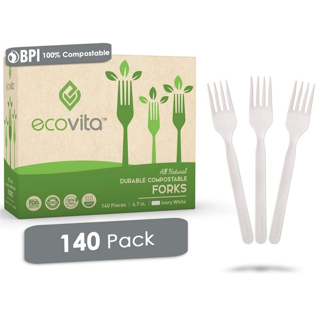 100% Compostable Forks - 140 Large Disposable Utensils (7 in.) Eco Friendly Durable and Heat Resistant Alternative to Plastic Forks with Convenient Tray by Ecovita